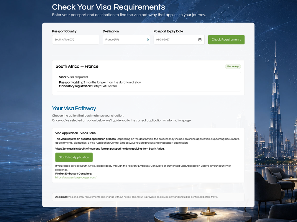 Search for the visa pathway that applies to your journey.